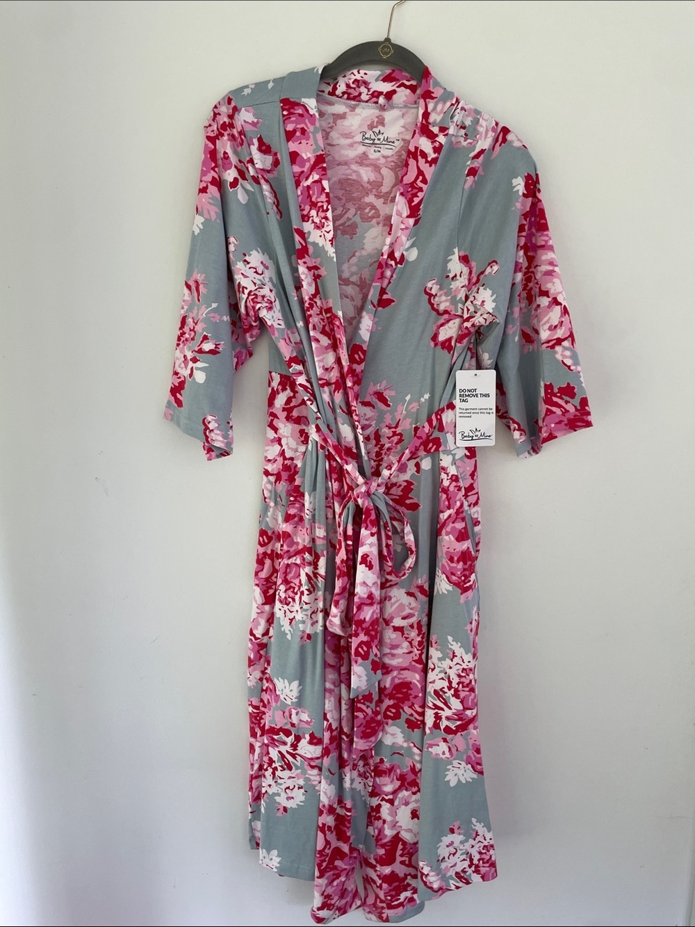 Baby Be Mine NEW Materity Nursing Floral Wrap Robe -Gray Ground Pink Floral Sm